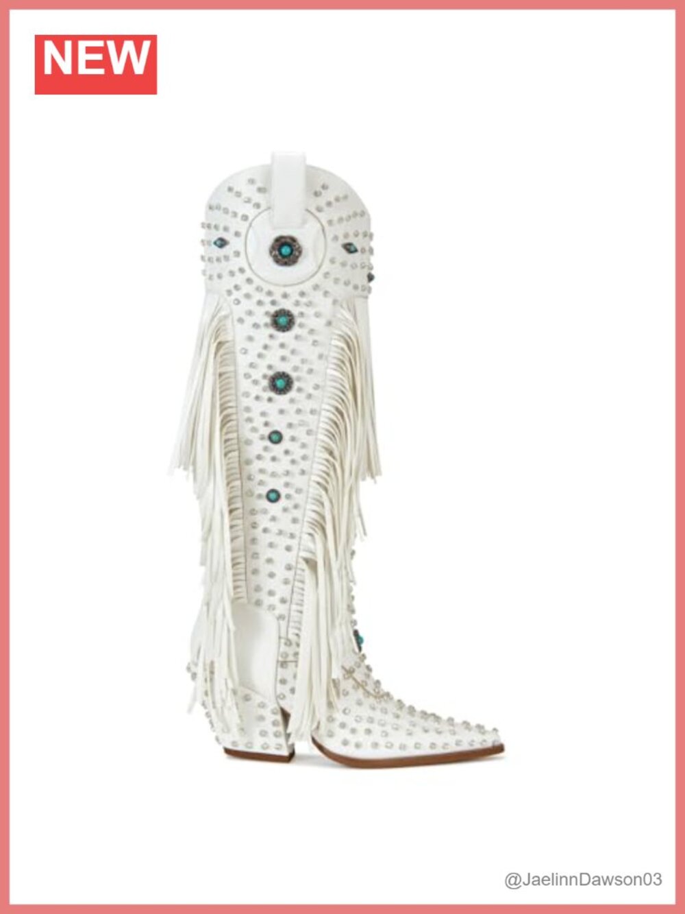 Faux Leather Cowboy Boots Fringe Turquoise Studded Chunky Heel Knee High Western